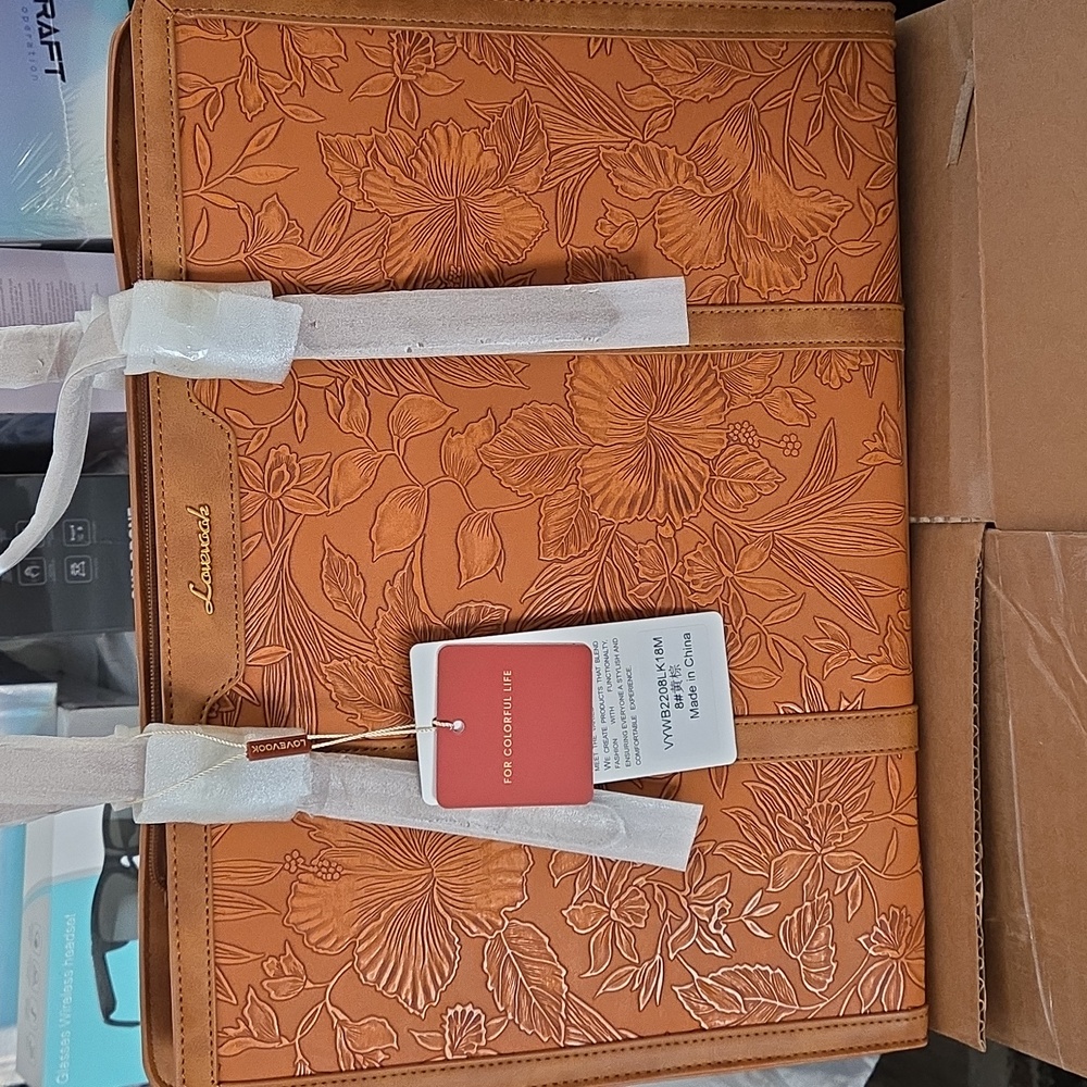 Lovevook Tan Tooled Leather Multi-Compartment Laptop (15") Tote w Accessories